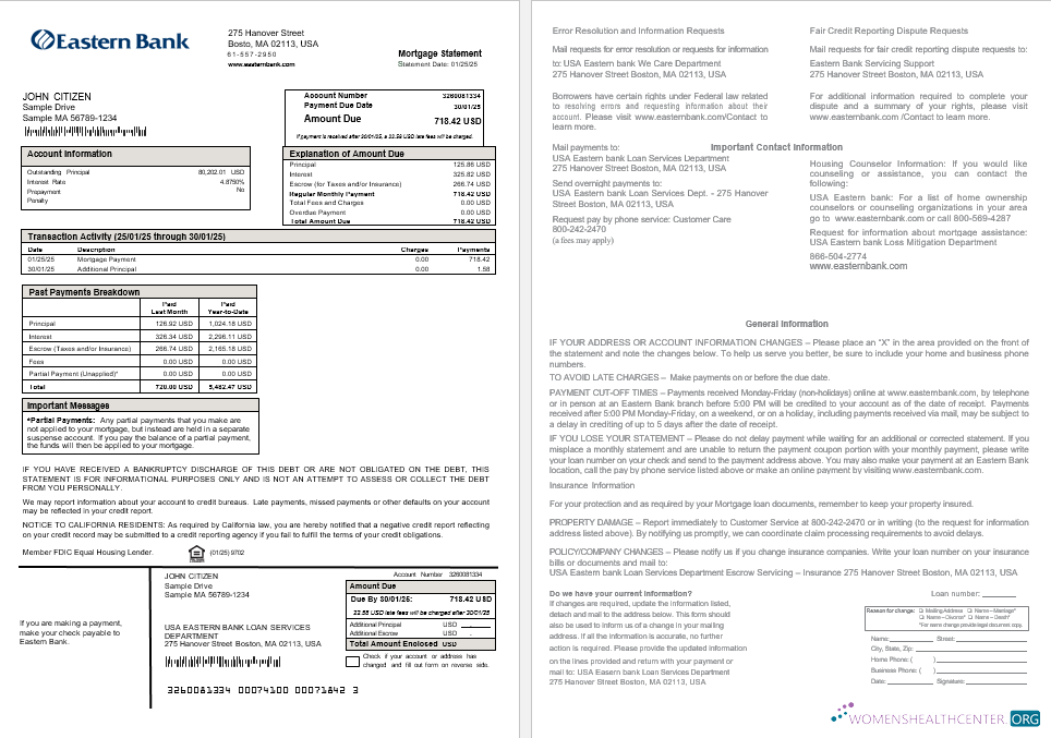 Download USA Eastern Bank mortgage statement in Word and PDF formats Photoshop template